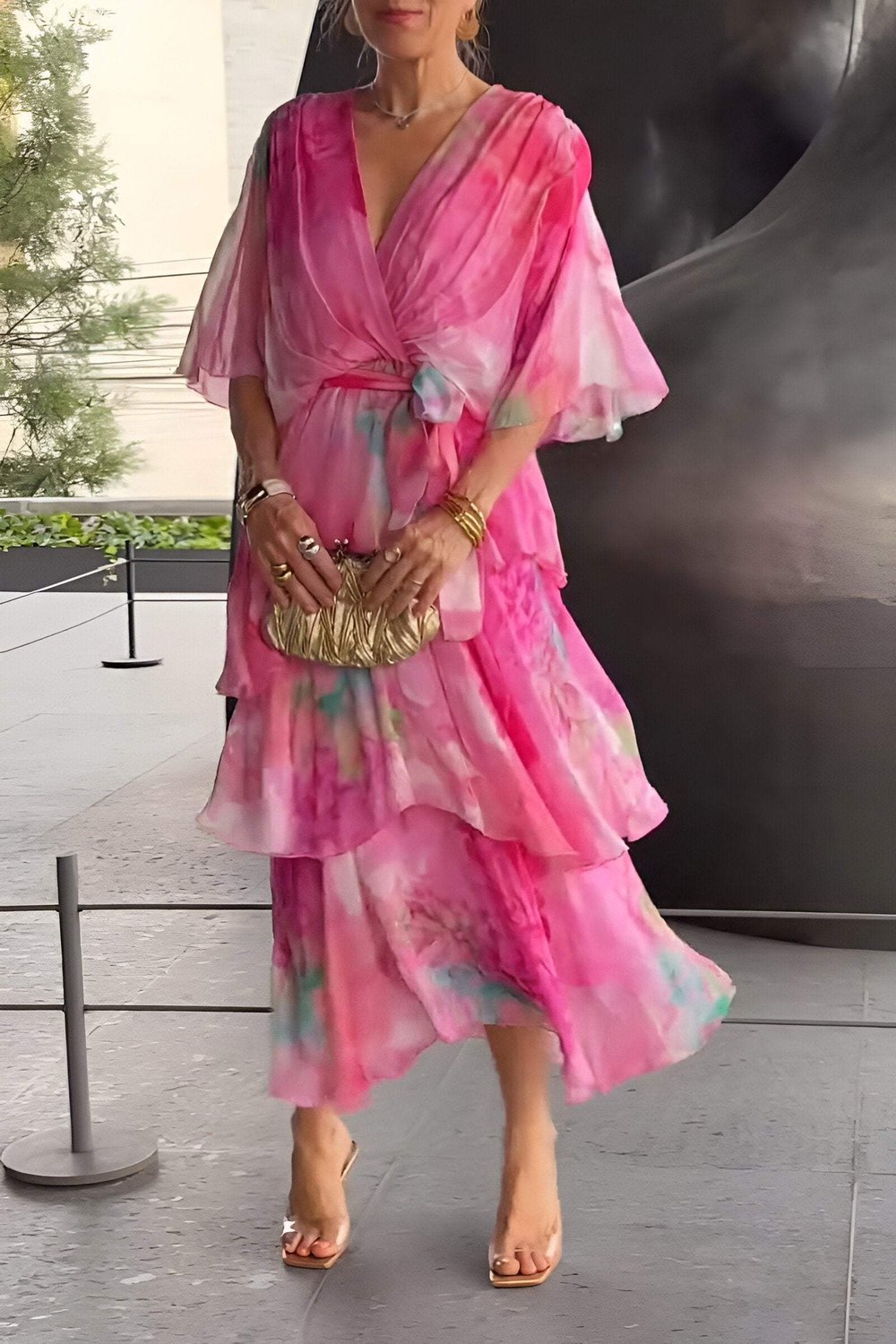 Vestido Largo Elegante Estampado de Chifón con Cinturón Ajustable