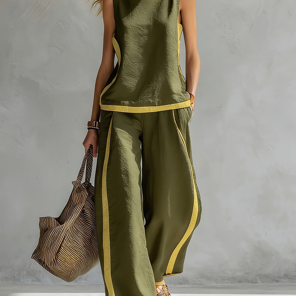 Conjunto Mujer con Pantalón Palazzo de Lino Ligero y Detalles Mostaza Casual Verano