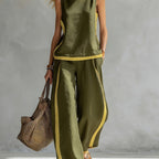 Conjunto Mujer con Pantalón Palazzo de Lino Ligero y Detalles Mostaza Casual Verano