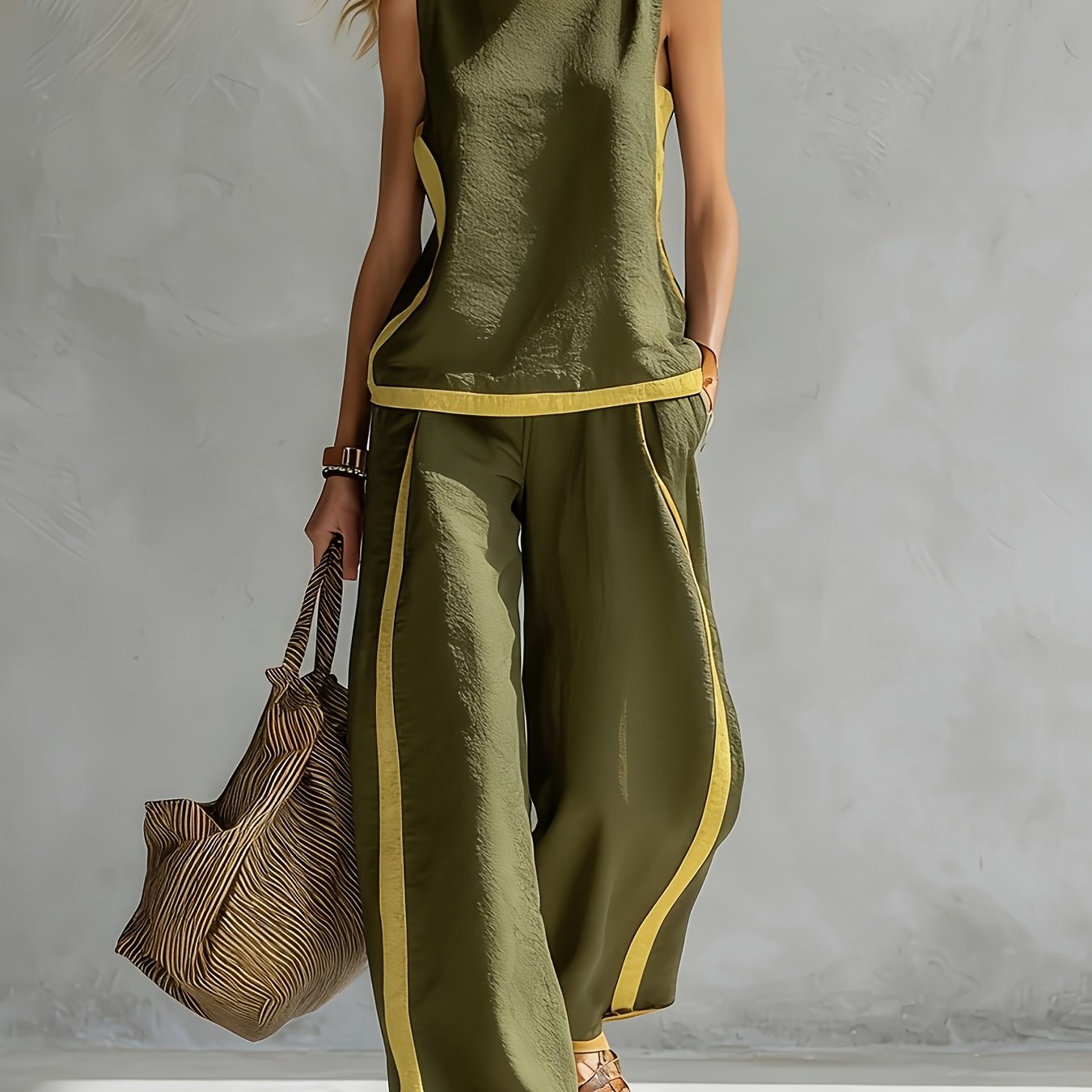 Conjunto Mujer con Pantalón Palazzo de Lino Ligero y Detalles Mostaza Casual Verano
