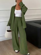 Conjunto Mujer Camisa Oversize y Pantalón Palazzo Casual Elegante de Lino para Oficina, Viaje y Verano