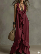 Vestido Maxi Negro Volantes Escote V Profundo Sin Manga Boho Chic Playa Noche Mujer Elegante