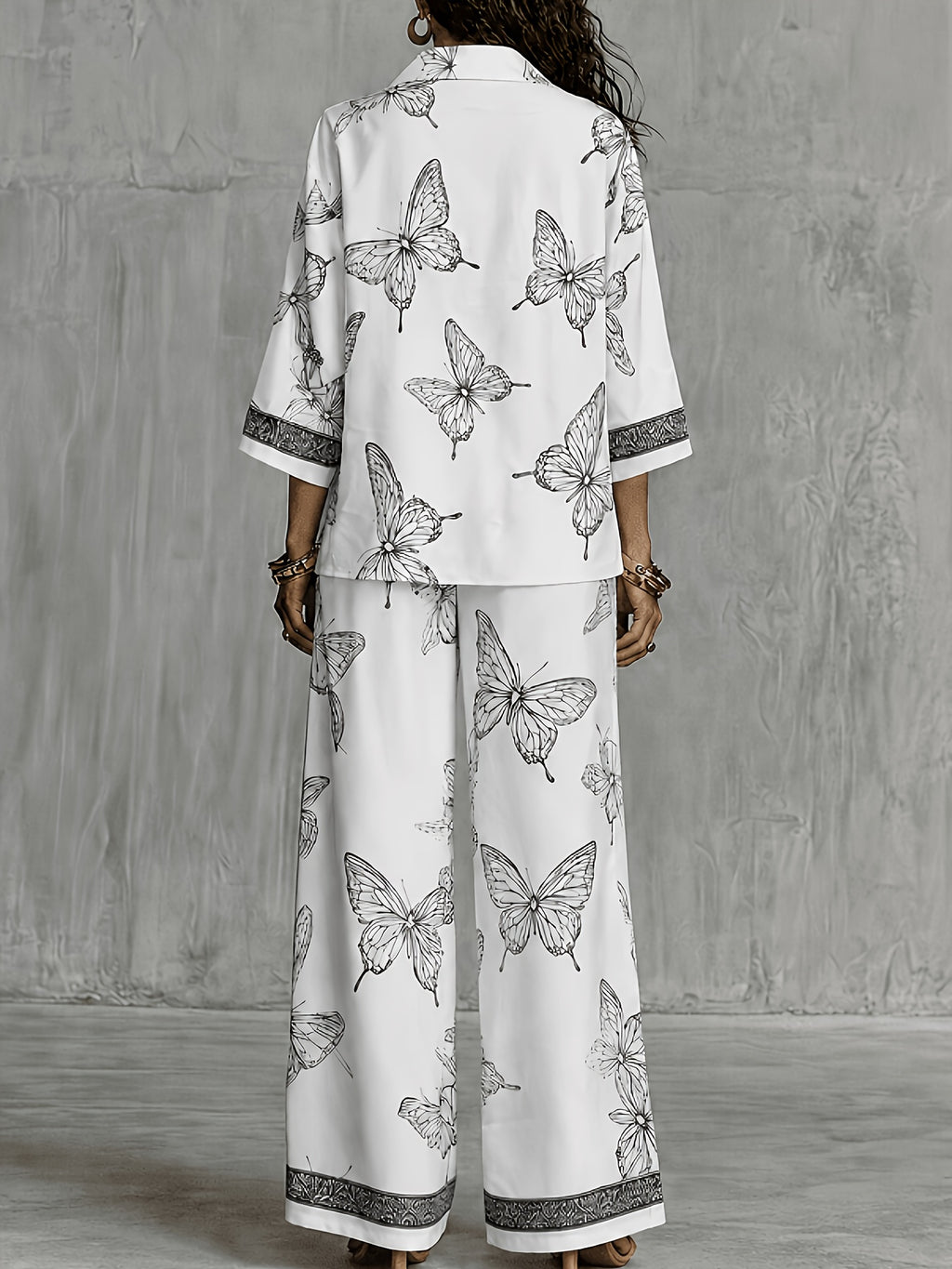 Conjunto Mujer Camisa Estampada y Pantalón Palazzo con Mariposas Casual Elegante para Vacaciones y Verano