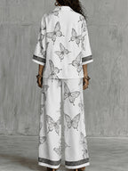 Conjunto Mujer Camisa Estampada y Pantalón Palazzo con Mariposas Casual Elegante para Vacaciones y Verano