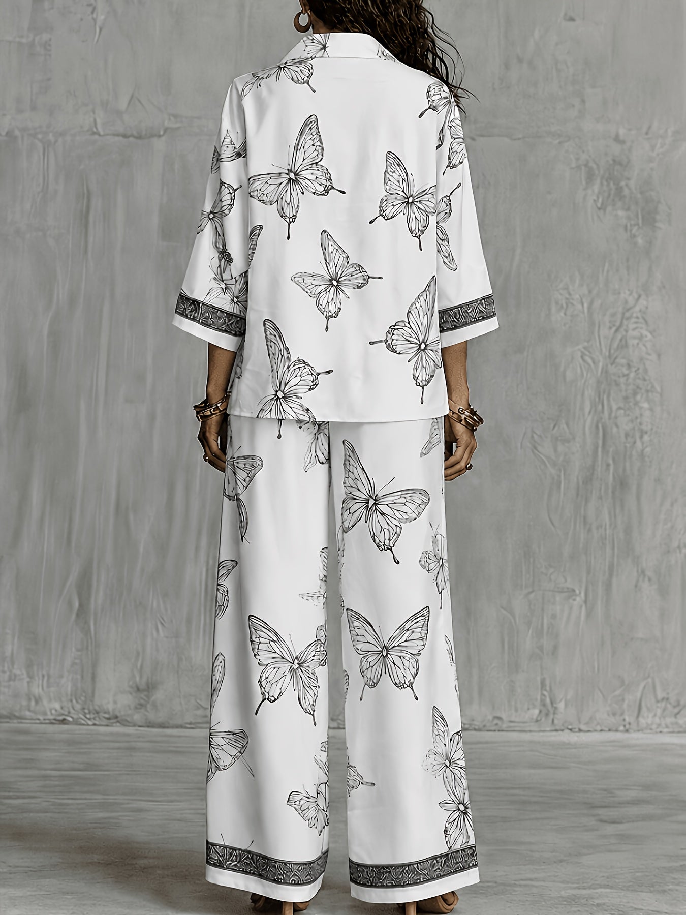 Conjunto Mujer Camisa Estampada y Pantalón Palazzo con Mariposas Casual Elegante para Vacaciones y Verano