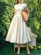 Vestido Midi Elegante Beige Marfil Corte Amplio para Fiesta, Boda y Eventos Formales