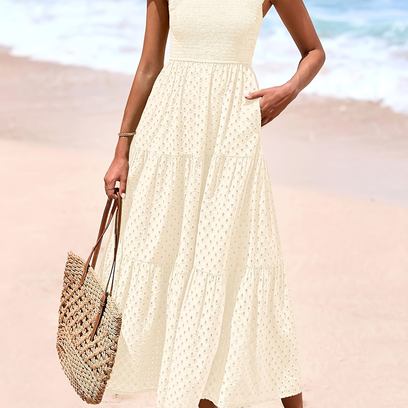 Elegante Vestido Midi de Verano para Mujer con Cuello Cuadrado, Manga Abullonada, Detalles de Encaje y Falda en A con Capas y Bolsillos - Color Sólido, Diseño Fluido Adecuado para Ocasiones Casuales o Formales, Vestido Largo Fluido sin Mangas
