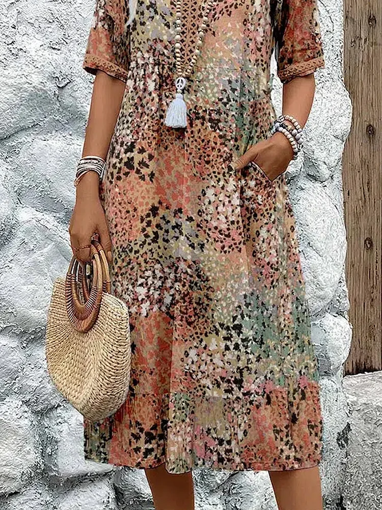 Vestido Midi Femenino Estampado con Escote en V y Manga Corta Casual