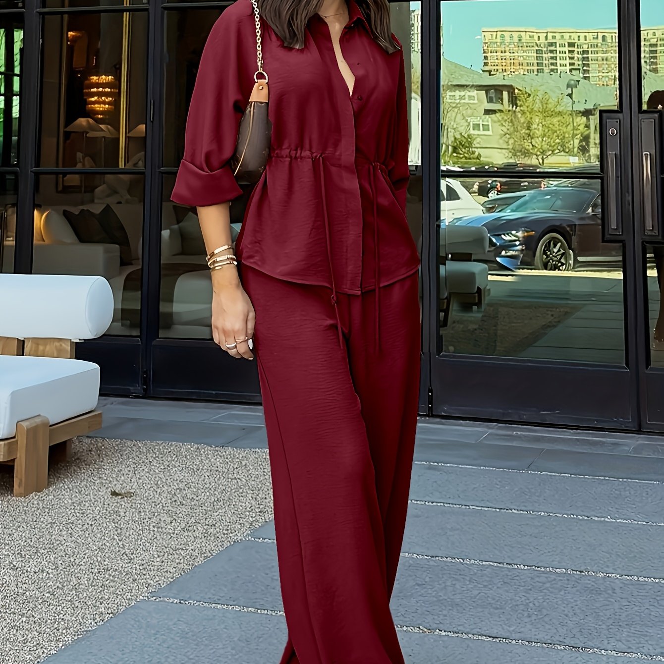 Conjunto Mujer Lino con Pantalón Palazzo Cintura Ajustable Casual Elegante