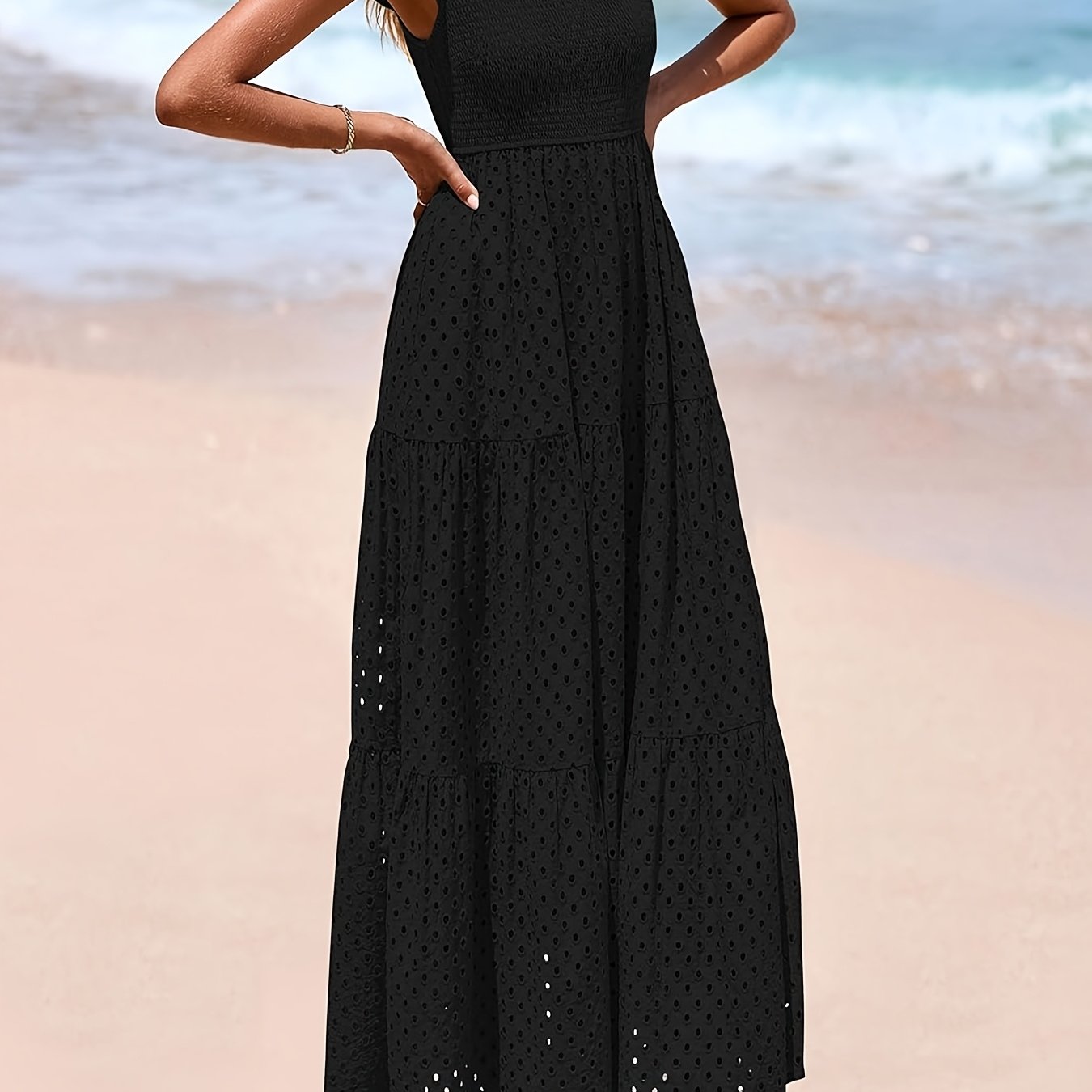 Elegante Vestido Midi de Verano para Mujer con Cuello Cuadrado, Manga Abullonada, Detalles de Encaje y Falda en A con Capas y Bolsillos - Color Sólido, Diseño Fluido Adecuado para Ocasiones Casuales o Formales, Vestido Largo Fluido sin Mangas