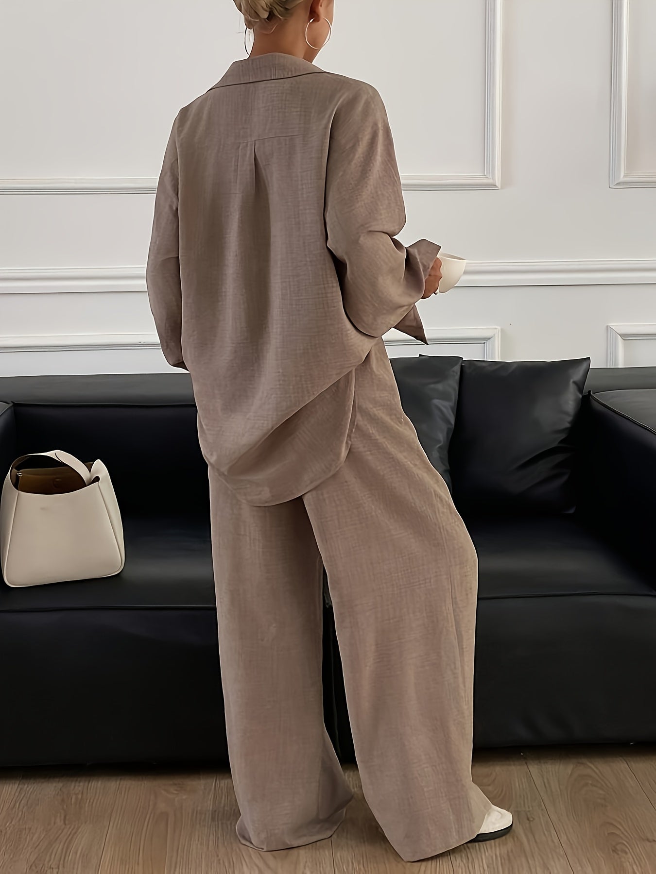 Conjunto Mujer Camisa Oversize y Pantalón Palazzo Casual Elegante de Lino para Oficina, Viaje y Verano