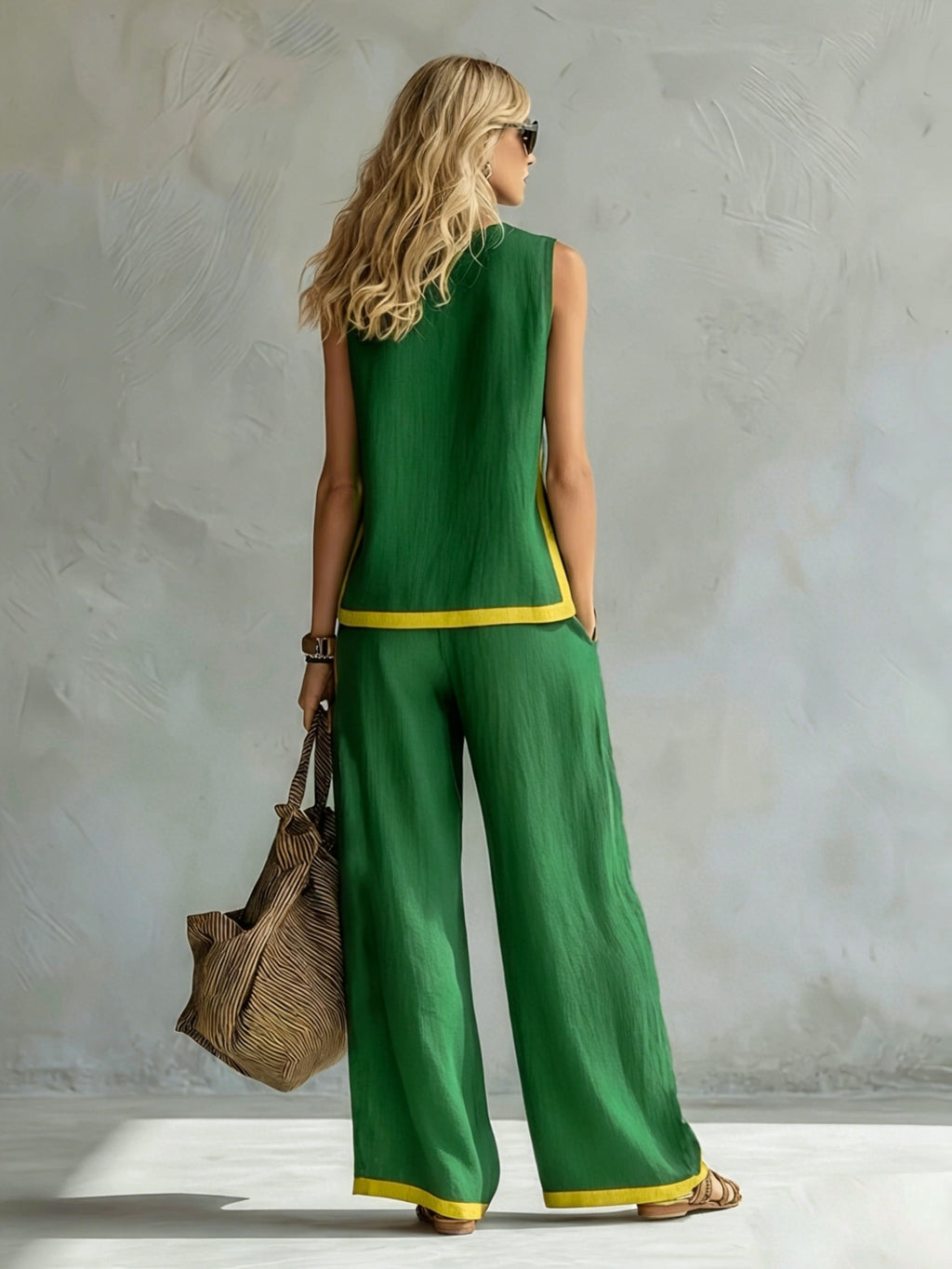 Conjunto Mujer con Pantalón Palazzo Contraste Amarillo Casual Elegante Verano