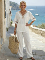 Conjunto Mujer Blanco de Lino con Escote V Bordado y Pantalón Palazzo Casual Elegante Resort