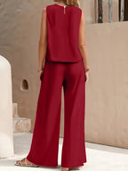 Conjunto Mujer Blusa Sin Mangas y Pantalón Palazzo Amplio Casual Cómodo para Verano, Viajes y Uso Diario