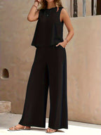 Conjunto Mujer Blusa Sin Mangas y Pantalón Palazzo Amplio Casual Cómodo para Verano, Viajes y Uso Diario