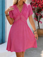 Mujer Vestido Corto Elegante De Manga Corta Con Escote en V y Detalles De Encaje De Ganchillo,Ideal Para el Verano.