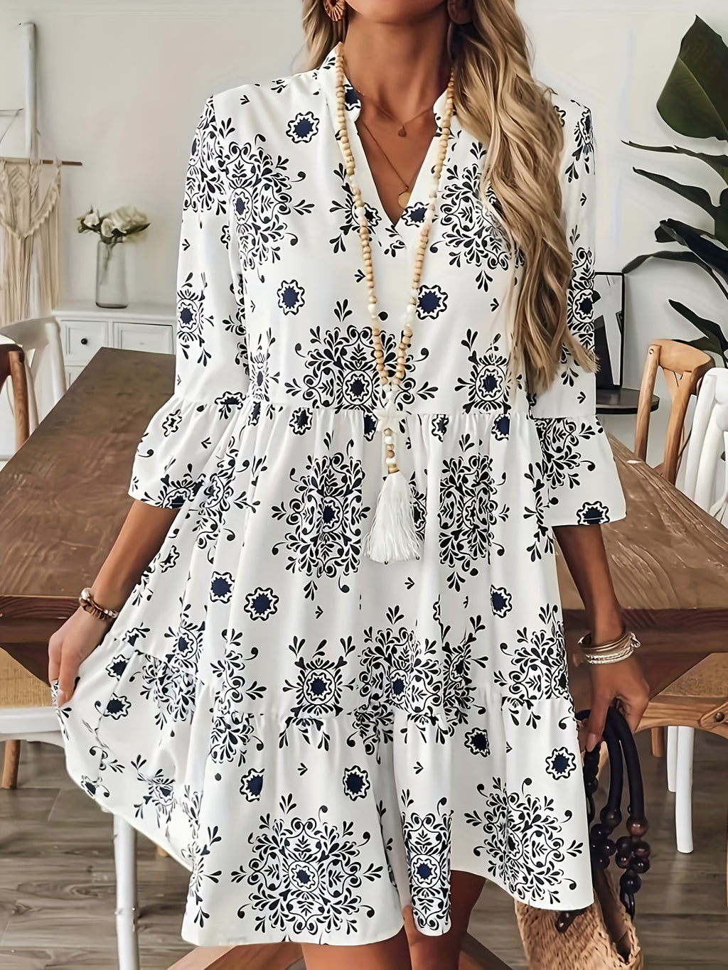 Vestido Corto Estampado Floral Blanco Estilo Boho Casual para Verano con Manga 3/4 y Corte Suelto