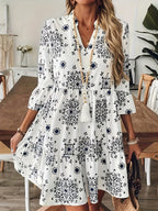 Vestido Corto Estampado Floral Blanco Estilo Boho Casual para Verano con Manga 3/4 y Corte Suelto