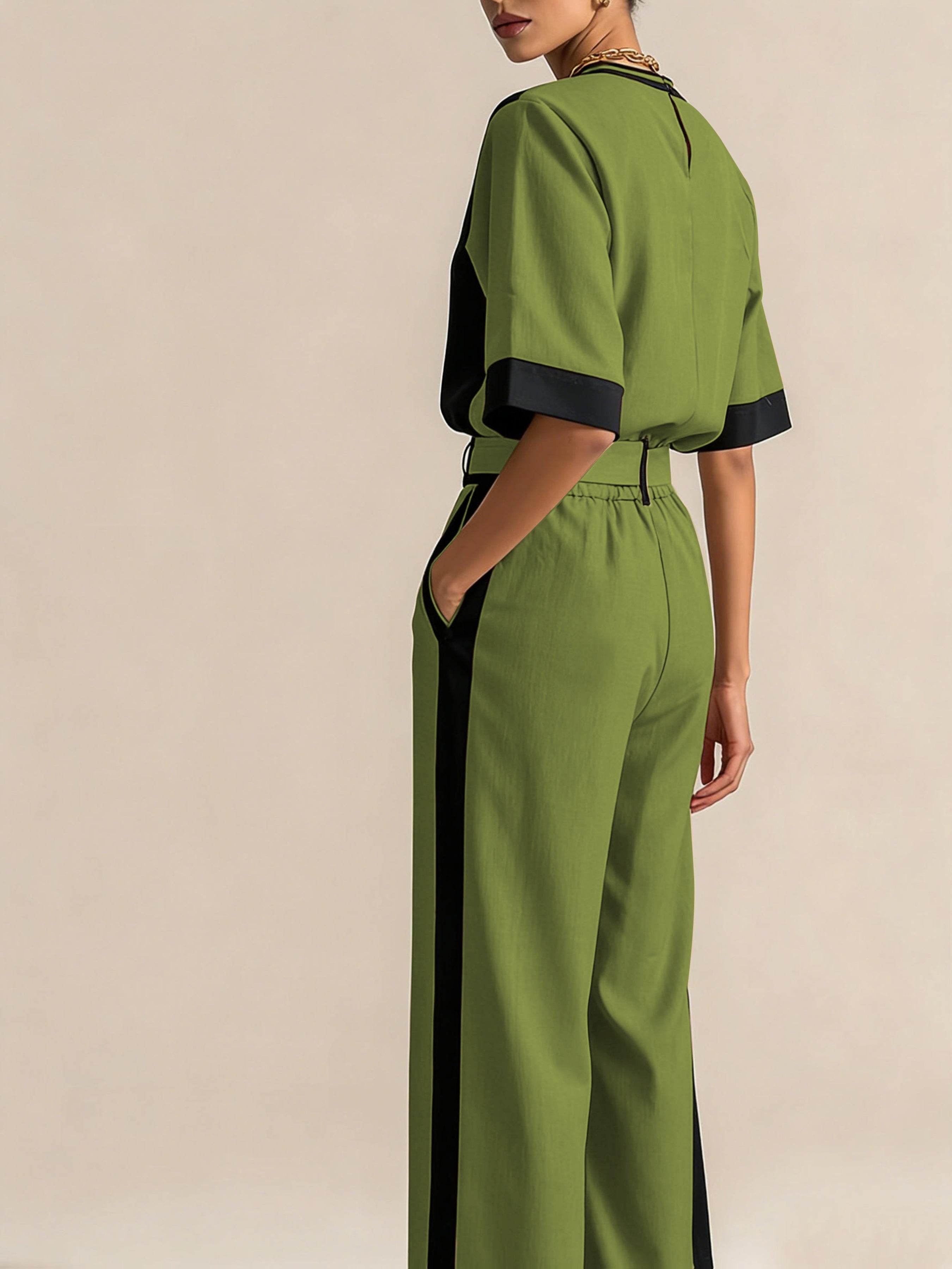 Conjunto 3 Piezas Negro Camel Color Block Top Oversize Pantalón Palazzo con Cinturón Elegante Mujer