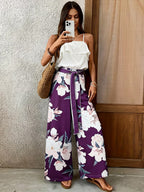 Conjunto Mujer Blusa Blanca con Volantes y Pantalón Palazzo Floral Negro Casual Elegante Verano