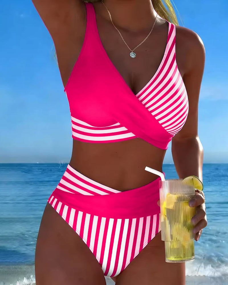 Bikini Cruzado de Cintura Alta con Rayas Marineras Estilo Playa y Vacaciones para Mujer