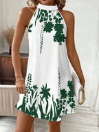 Vestido de Verano para Mujer con Cuello Halter - Estampado Floral en Blanco y , Mini A-Line, Manga Corta, Detalle Nudo, Lavable a Máquina, Elegante Vestido Casual, Sin Elástico