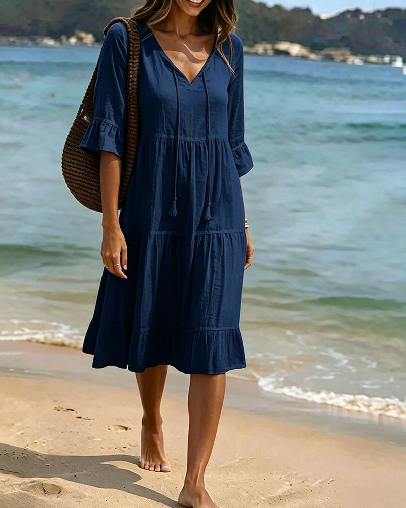 Vestido Midi Holgado con Escote V Manga 3/4 Estilo Playero Casual para Mujer con Volantes y Cordones