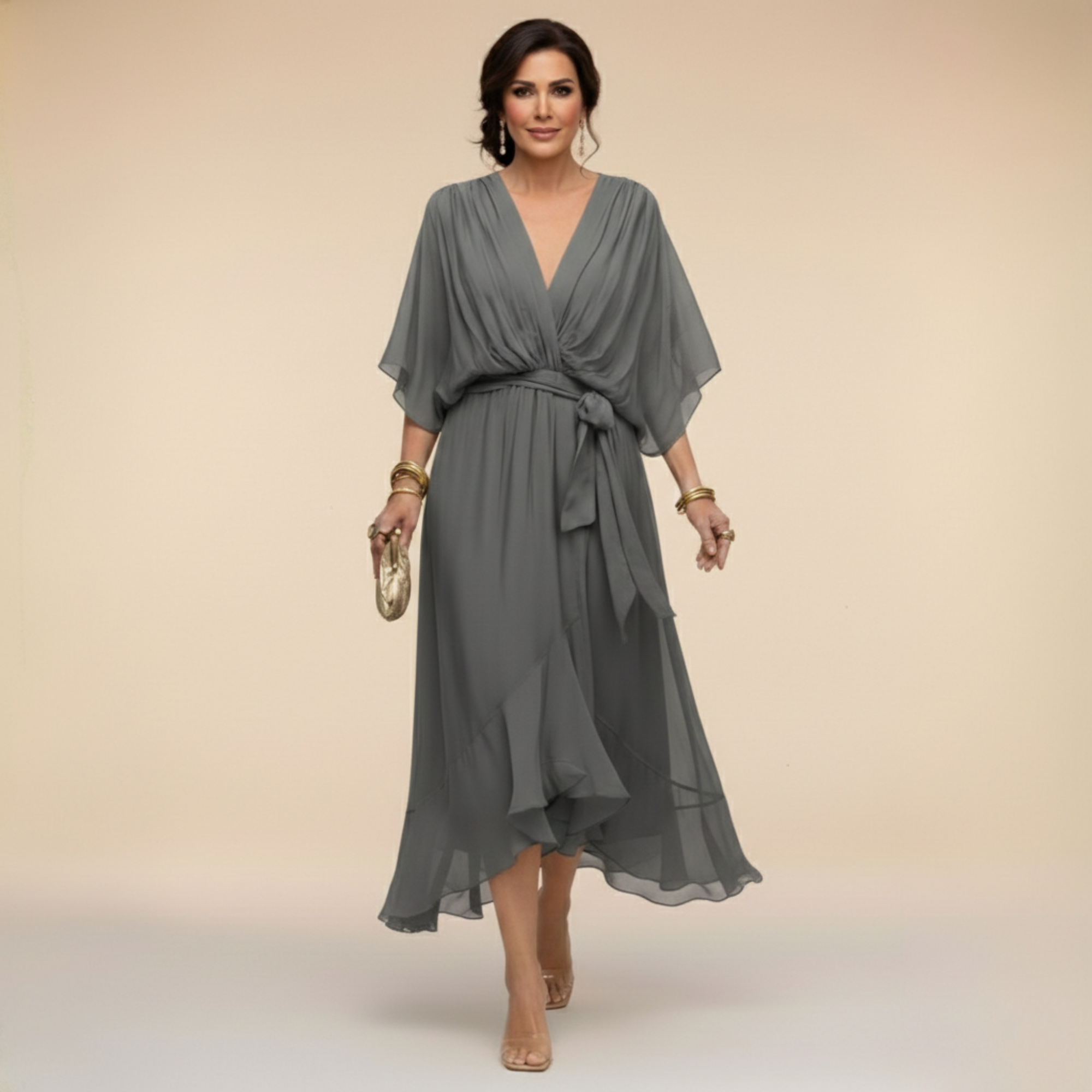 Vestido Midi Femenino Elegante con Escote en V y Cinturón para Fiesta