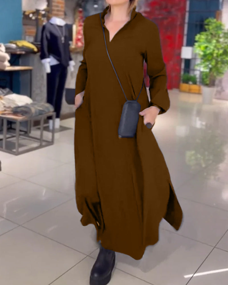 Vestido Maxi Holgado con Bolsillos Manga Larga Casual Elegante de Corte Amplio y Caída Fluida