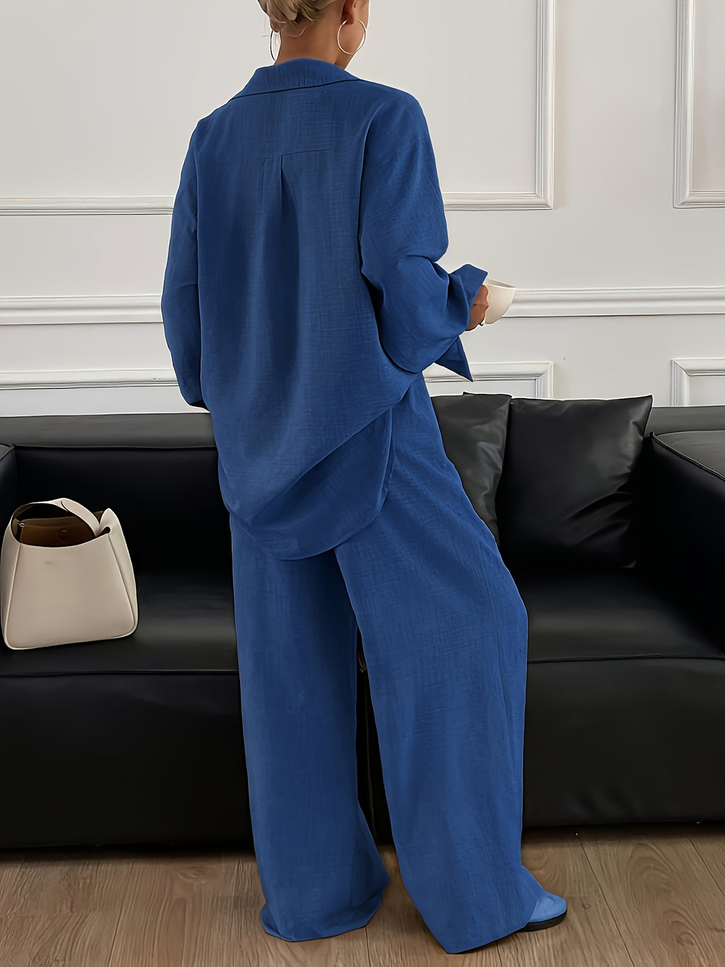Conjunto Mujer Camisa Oversize y Pantalón Palazzo Casual Elegante de Lino para Oficina, Viaje y Verano