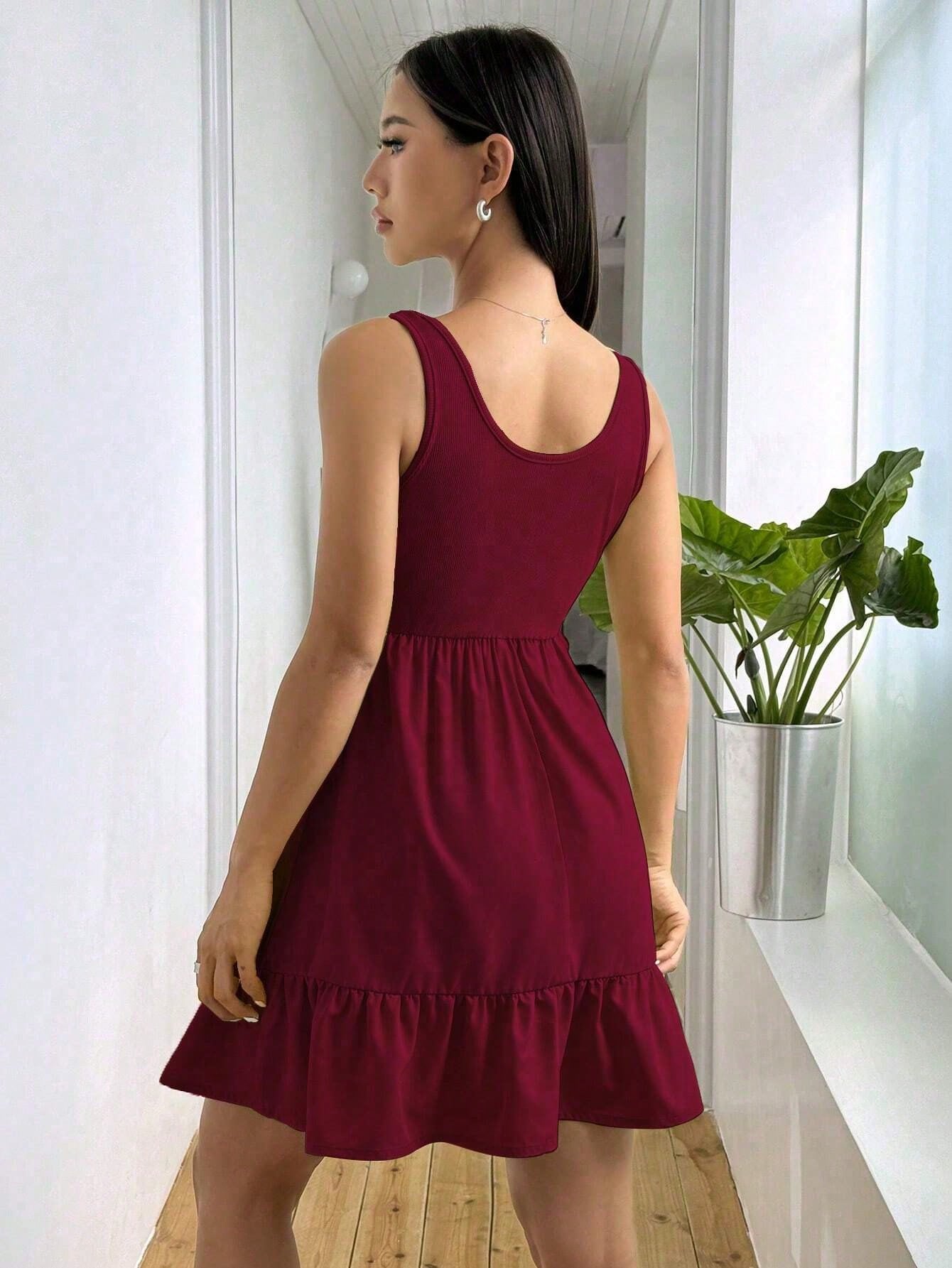Vestido Corto Casual Sin Mangas Vino Corte Babydoll con Volante Ligero para Mujer