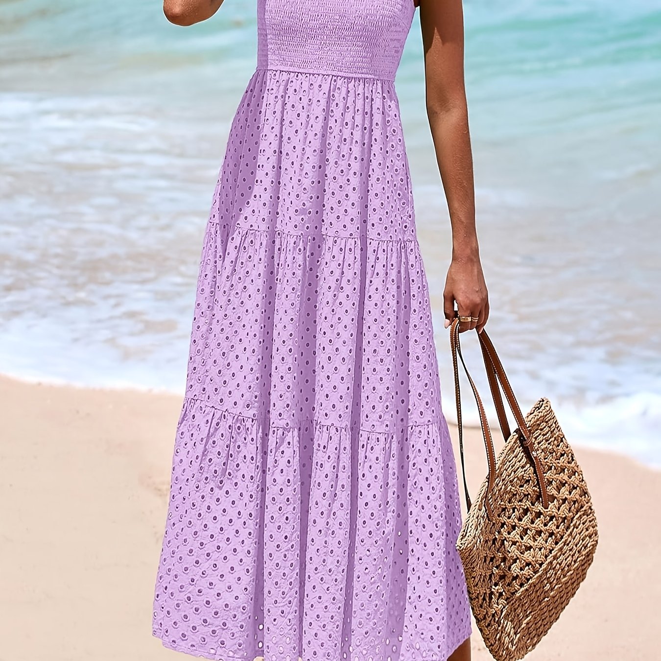 Elegante Vestido Midi de Verano para Mujer con Cuello Cuadrado, Manga Abullonada, Detalles de Encaje y Falda en A con Capas y Bolsillos - Color Sólido, Diseño Fluido Adecuado para Ocasiones Casuales o Formales, Vestido Largo Fluido sin Mangas