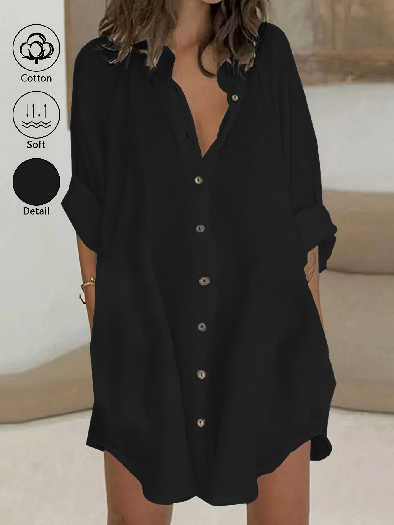Vestido casual de mujer 100% con cuello y botones, camisa de primavera verano para trabajo diario, fácil, color liso, manga 3/4, vestido corto