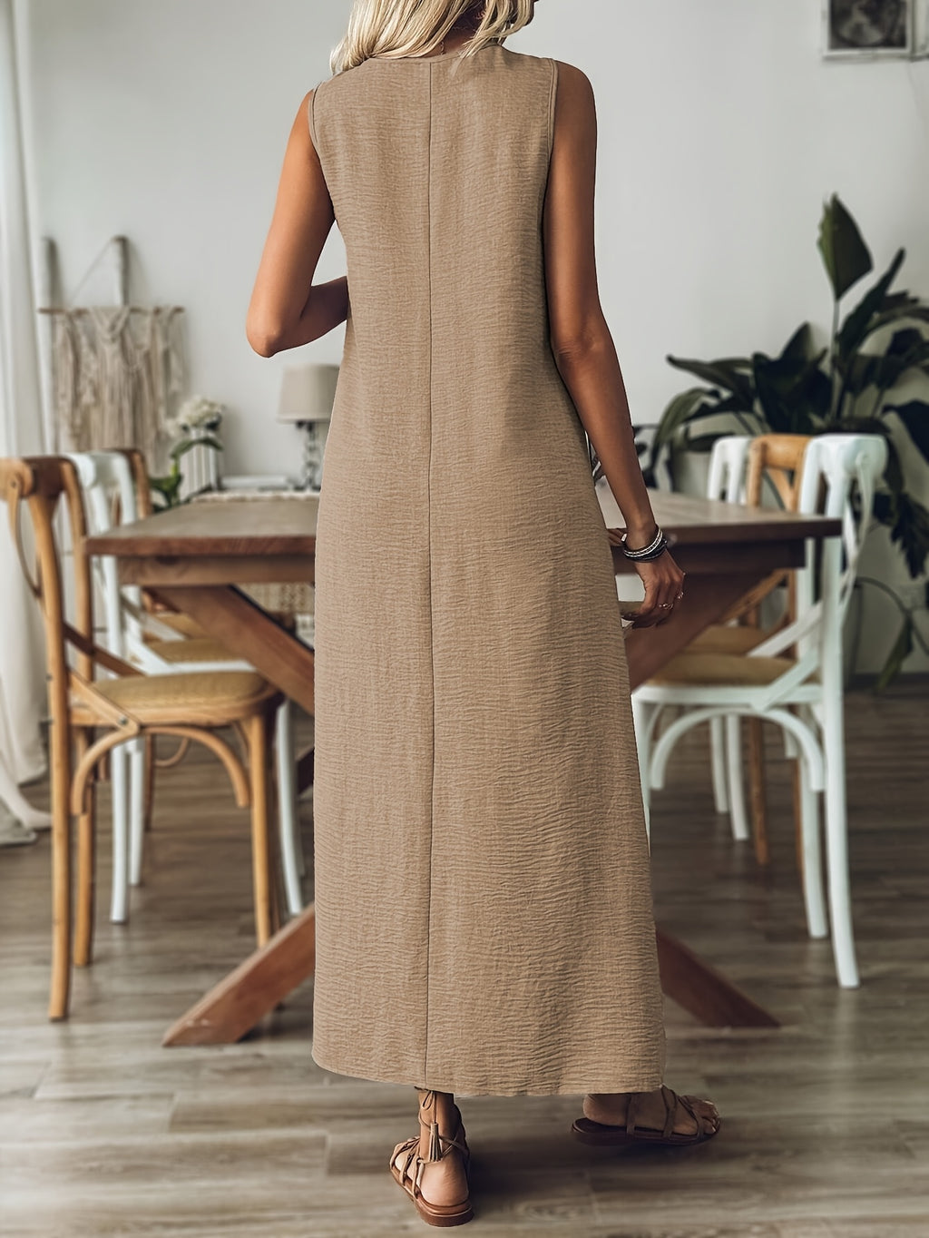 Vestido Largo Sin Mangas Terracota Casual Elegante de Lino Suelto para Verano Mujer