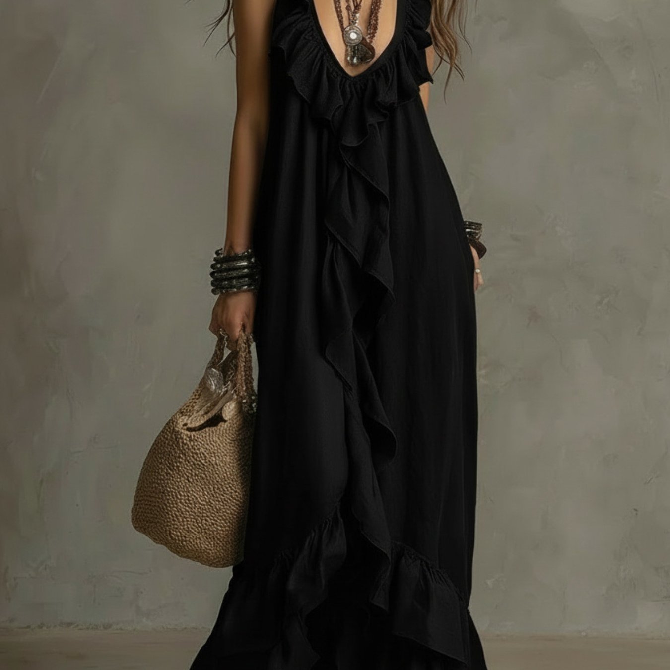 Vestido Maxi Negro Volantes Escote V Profundo Sin Manga Boho Chic Playa Noche Mujer Elegante
