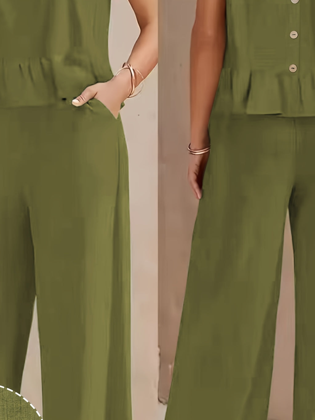 Conjunto de Lino Mujer Verde Oliva con Pantalón Palazzo Sin Mangas Casual Elegante Verano