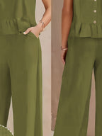 Conjunto de Lino Mujer Verde Oliva con Pantalón Palazzo Sin Mangas Casual Elegante Verano