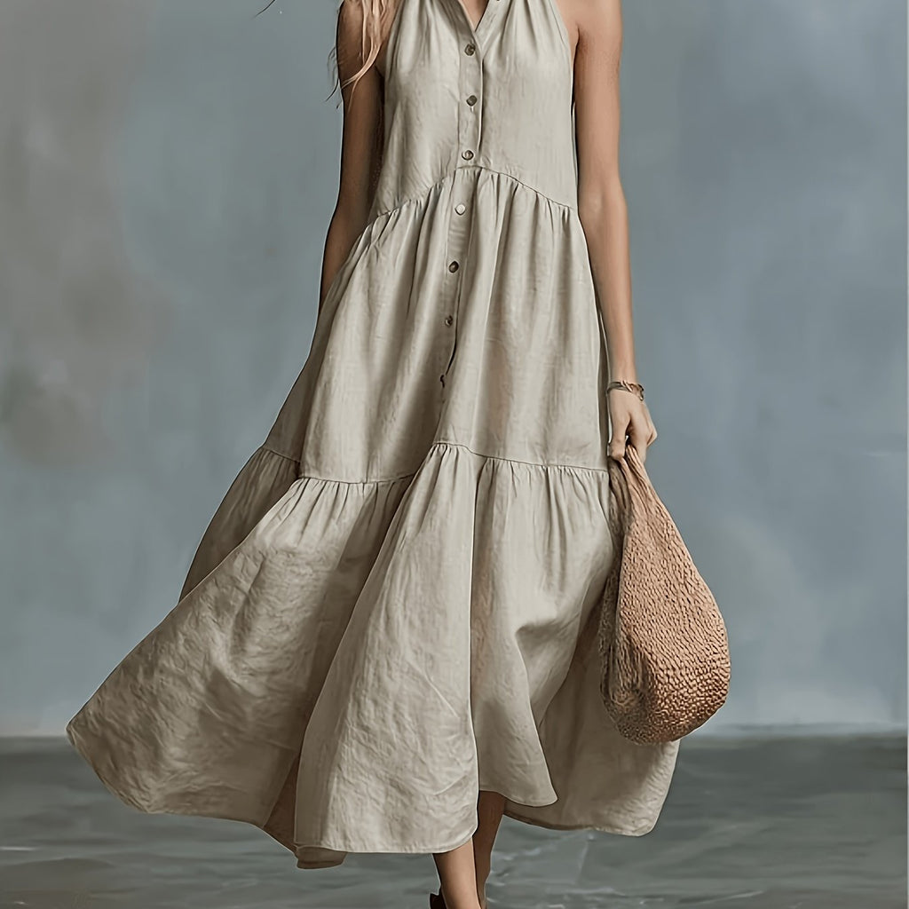 Vestido Maxi Beige Lino Sin Manga Halter Botones Falda Escalonada Boho Casual Playa Mujer