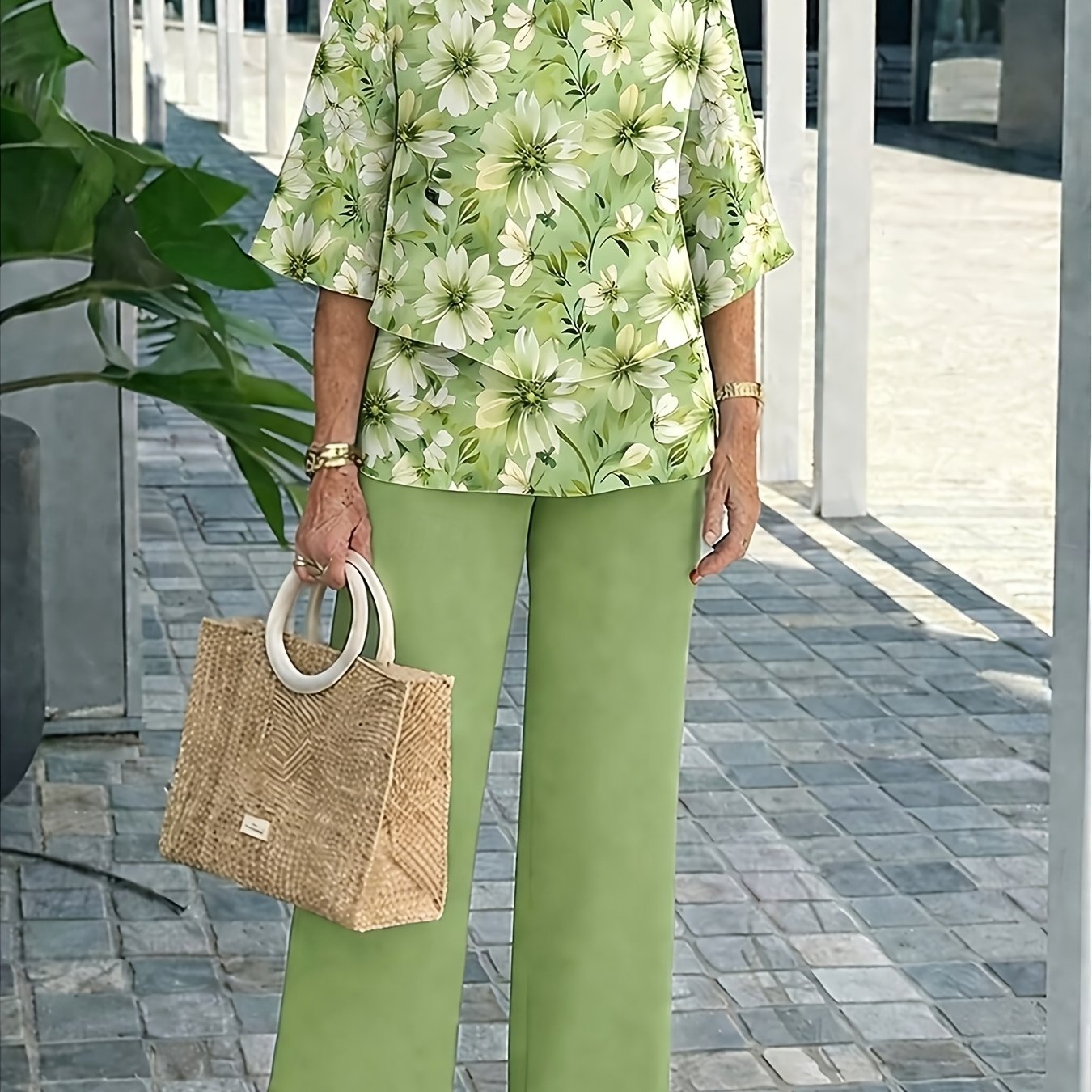Conjunto 2 Piezas Verde Menta Blusa Floral Manga 3/4 y Pantalón Palazzo Casual Elegante Mujer