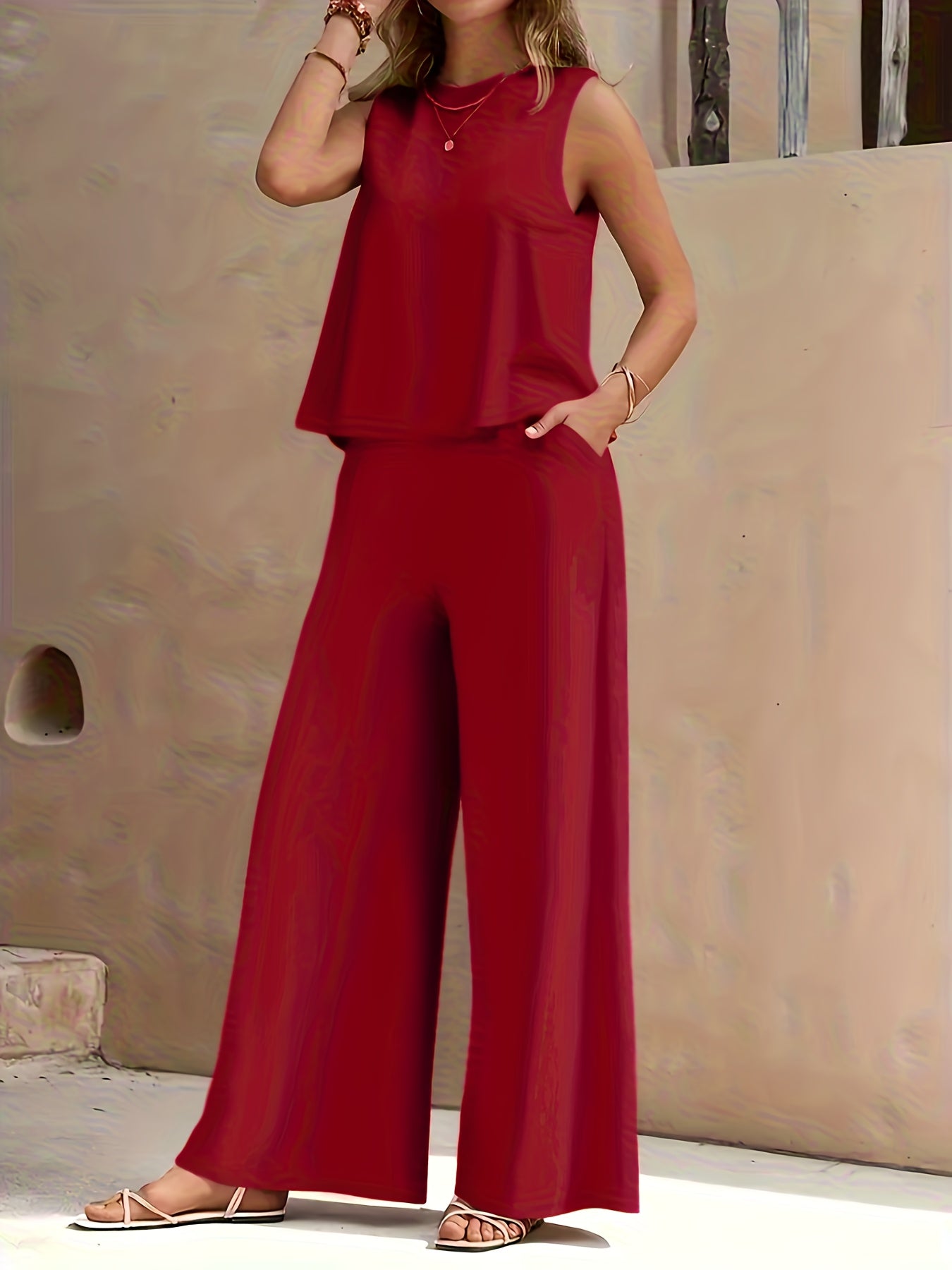 Conjunto Mujer Blusa Sin Mangas y Pantalón Palazzo Amplio Casual Cómodo para Verano, Viajes y Uso Diario