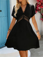Mujer Vestido Corto Elegante De Manga Corta Con Escote en V y Detalles De Encaje De Ganchillo,Ideal Para el Verano.