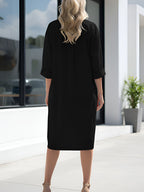 Vestido Midi Negro Algodón Manga 3/4 Escote en V Casual Holgado con Abertura Lateral para Mujer