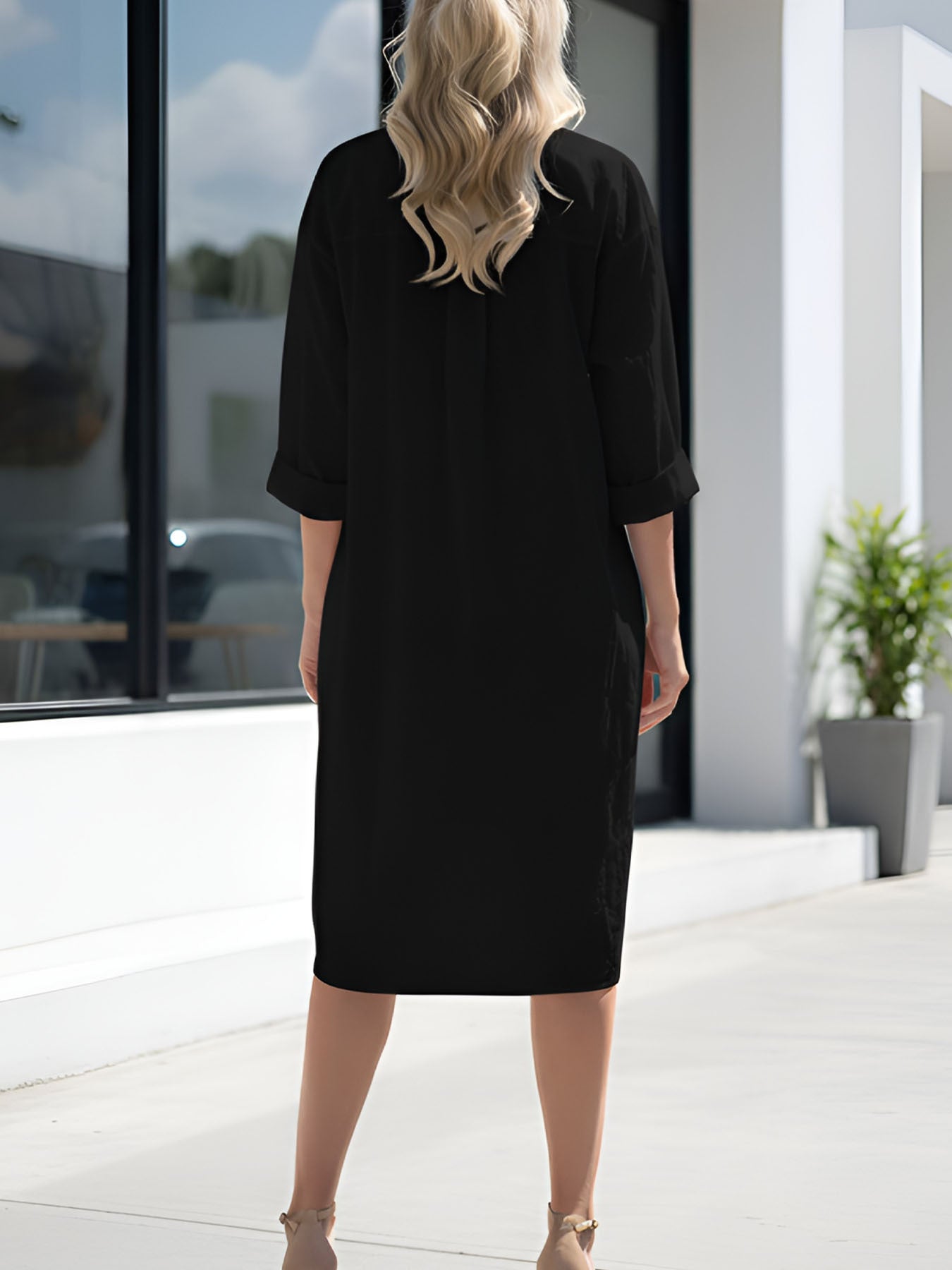 MANAIXUAN Vestido elegante para mujer 100% con cuello en V y botones al frente - Vestido midi de corte recto con mangas de tres cuartos, ajuste holgado y cuello con botones, adecuado para desplazamientos casuales, oficina y uso diario, vestido de color li