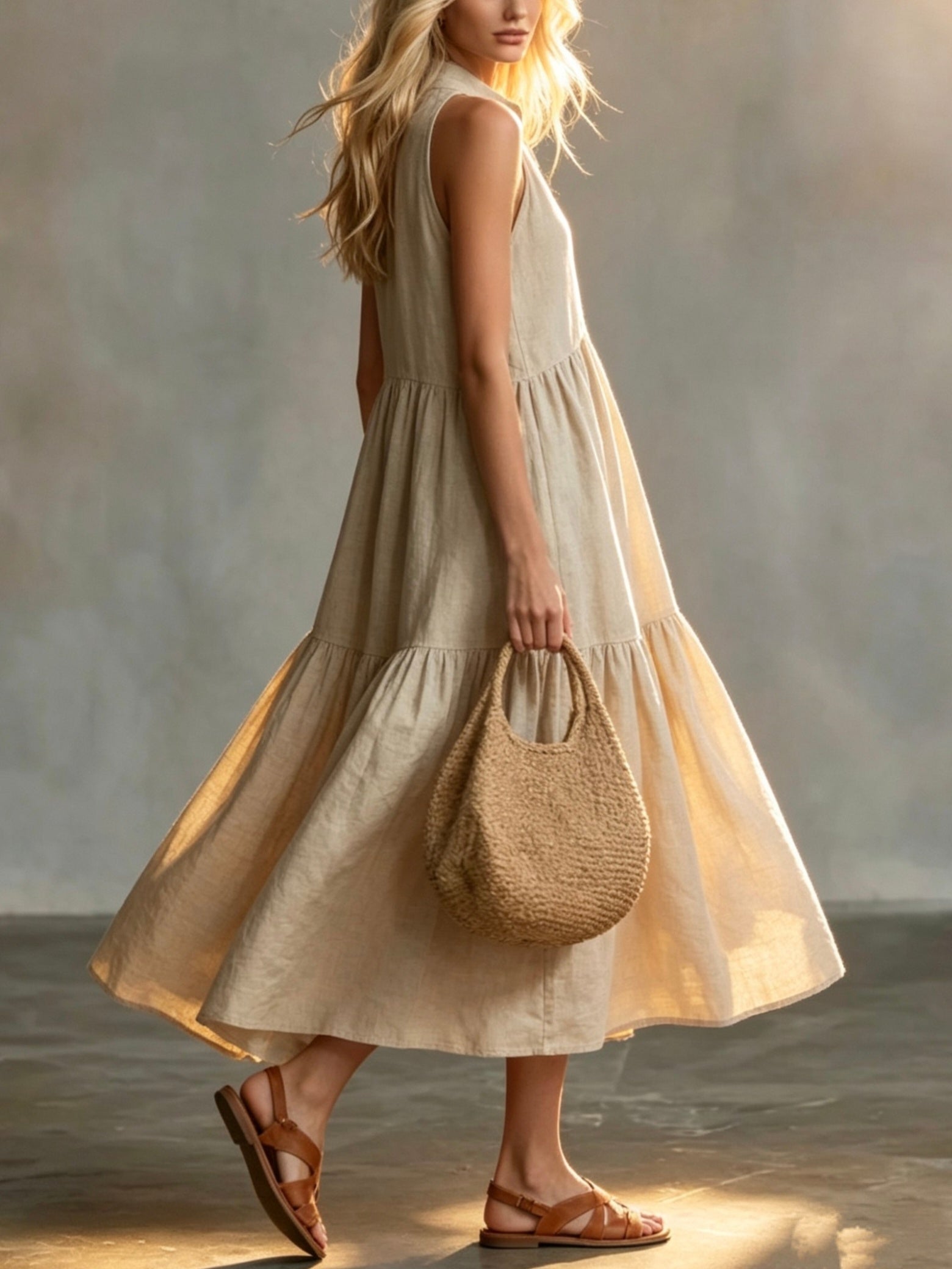 Vestido Maxi Beige Lino Sin Manga Halter Botones Falda Escalonada Boho Casual Playa Mujer