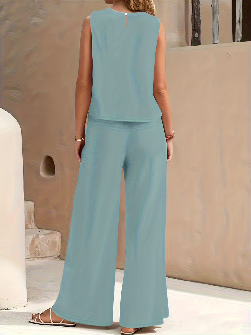 Conjunto Mujer Blusa Sin Mangas y Pantalón Palazzo Amplio Casual Cómodo para Verano, Viajes y Uso Diario