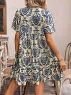 Vestido Elegante de Mujer con Estampado Floral - Cuello con Lazo, Manga Corta y Dobladillo con Volantes, Lavable a Máquina - Elección Perfecta para Primavera y Verano