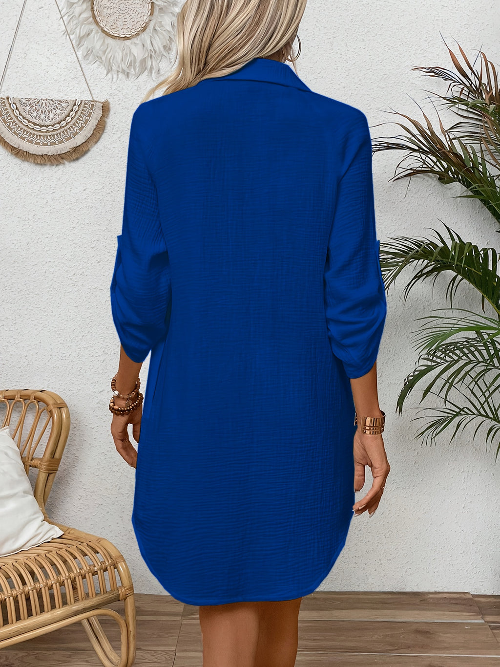 Vestido casual de mujer 100% con cuello y botones, camisa de primavera verano para trabajo diario, fácil, color liso, manga 3/4, vestido corto