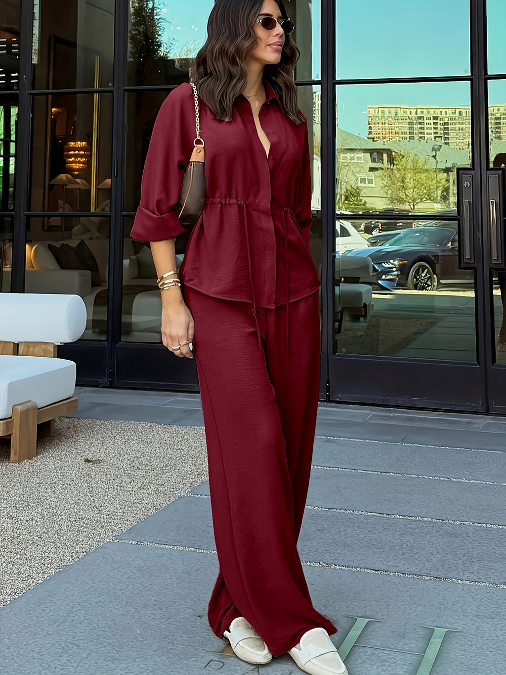 Conjunto Mujer Lino con Pantalón Palazzo Cintura Ajustable Casual Elegante