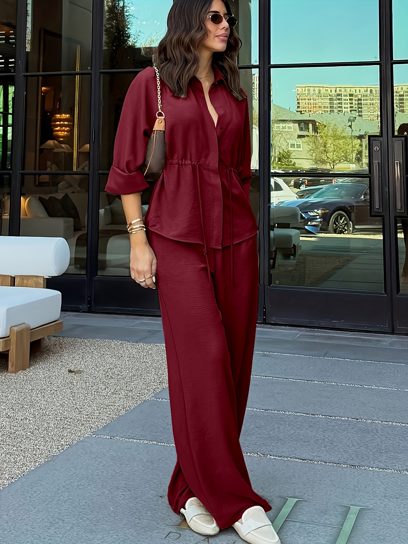 Conjunto Mujer Lino con Pantalón Palazzo Cintura Ajustable Casual Elegante