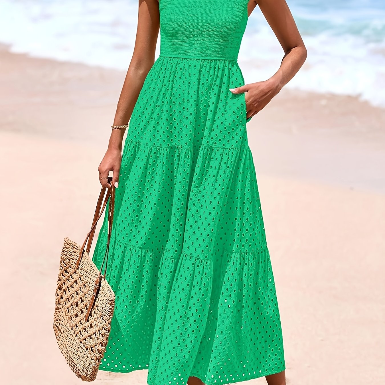 Elegante Vestido Midi de Verano para Mujer con Cuello Cuadrado, Manga Abullonada, Detalles de Encaje y Falda en A con Capas y Bolsillos - Color Sólido, Diseño Fluido Adecuado para Ocasiones Casuales o Formales, Vestido Largo Fluido sin Mangas
